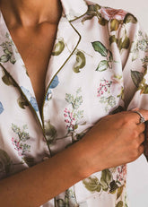 A model in Floral Nova silk pajama set – floral women’s nightwear by LaRosa
Closeup